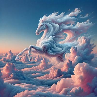 The primary subject of the image is a white horse with a flowing mane, flying through a cloudy sky. The horse is the central focus of the scene, and it appears to be soaring through the clouds. The setting is a cloudy sky, which serves as the backdrop for the horse's flight. The visual style of the image is digital art, as it is a detailed and intricate illustration of the horse in motion. The colors in the image are predominantly white and pink, giving the scene a